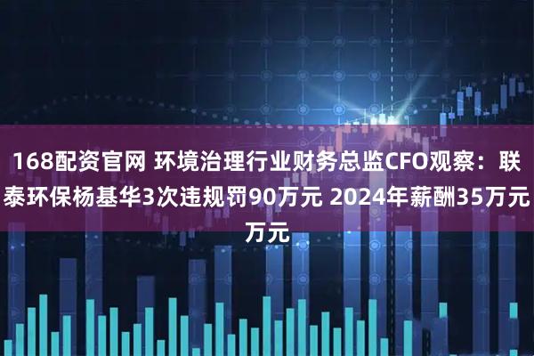 168配资官网 环境治理行业财务总监CFO观察：联泰环保杨基华3次违规罚90万元 2024年薪酬35万元